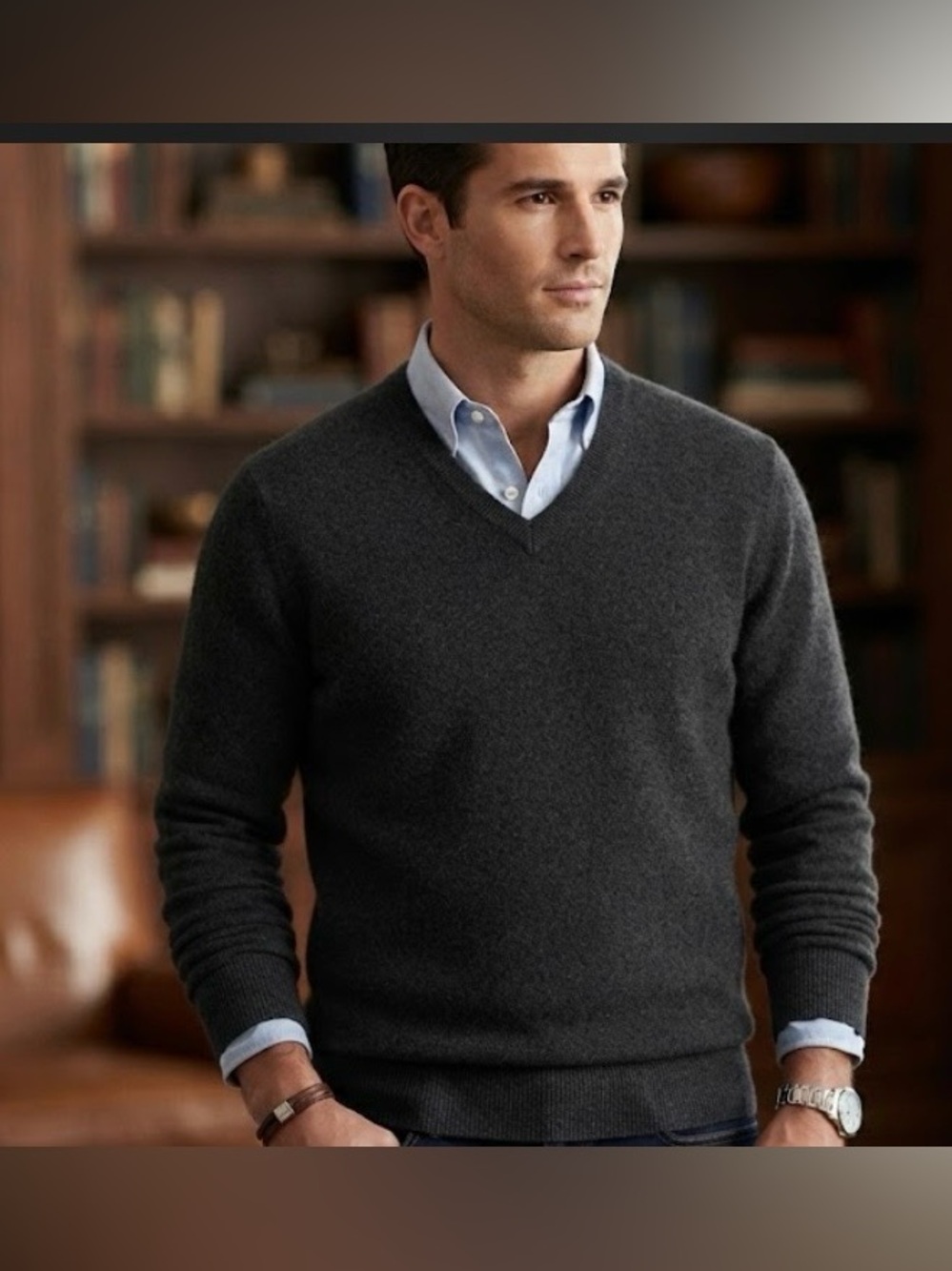 Neiman Marcus Men's Black Cashmere Knit V-Neck Pullover Sweater XL